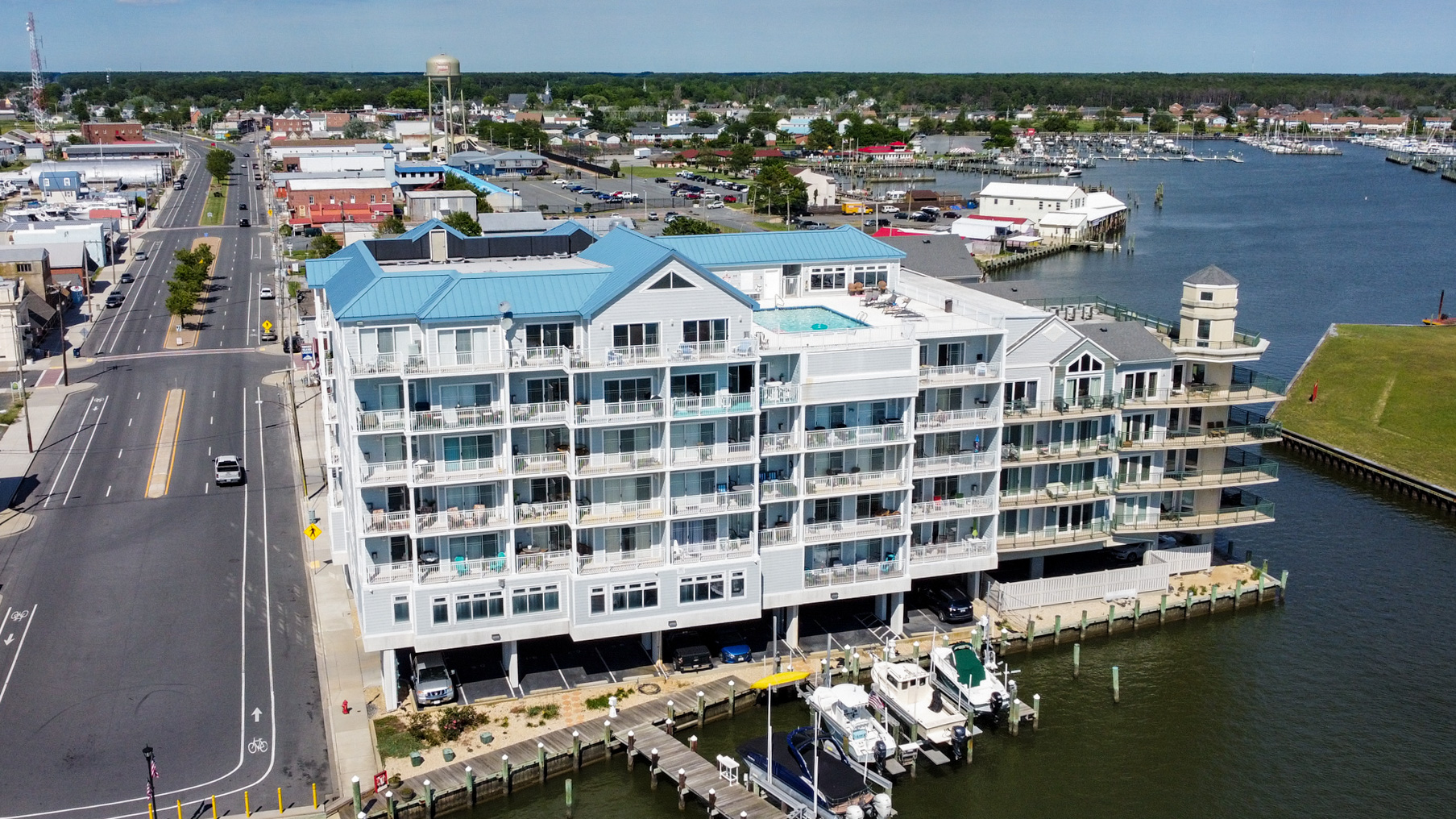 Drone shot of condos on the water