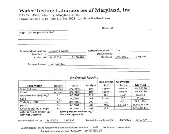 Conventional loan water testing documentation
