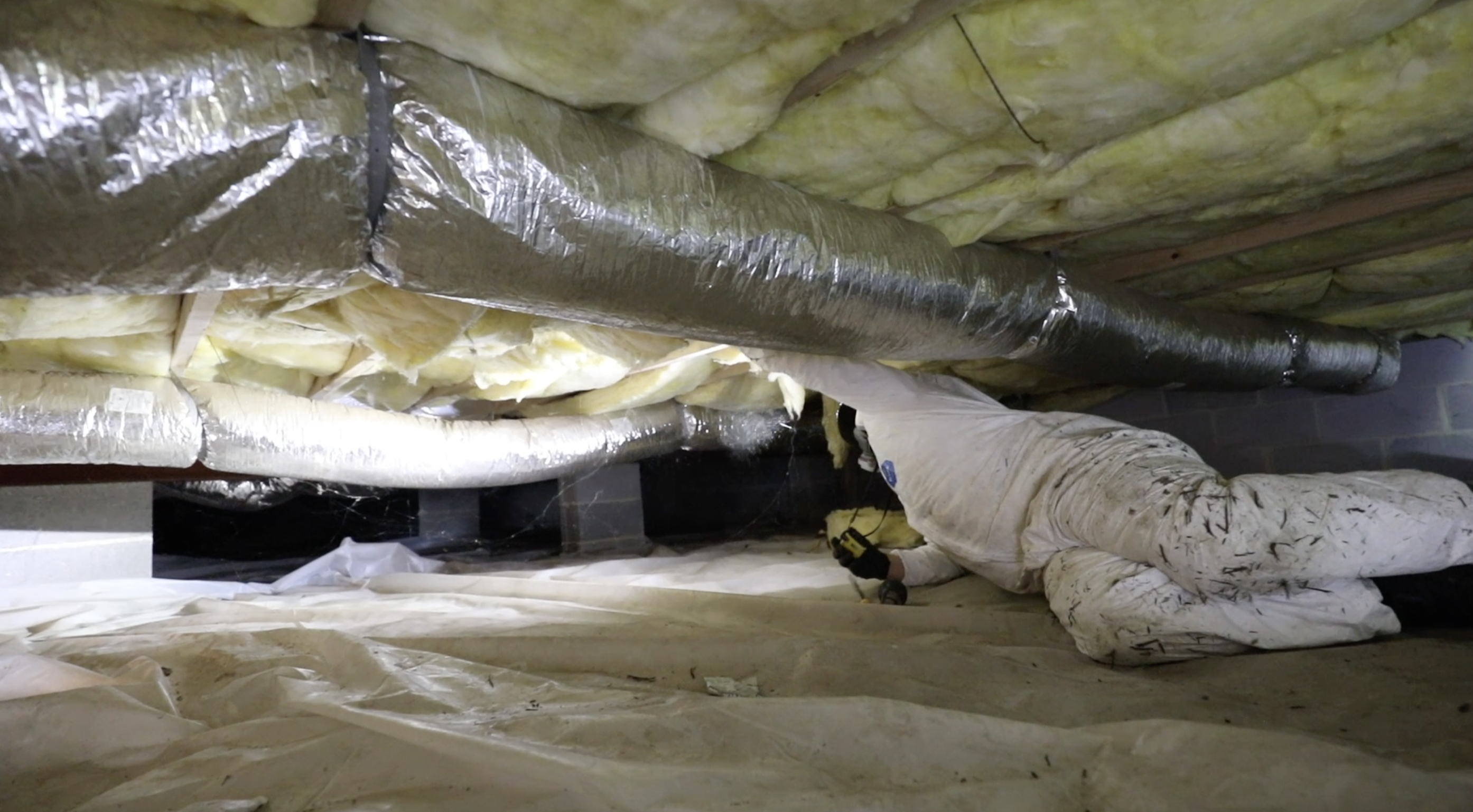 Man in crawlspace with insulation overhead